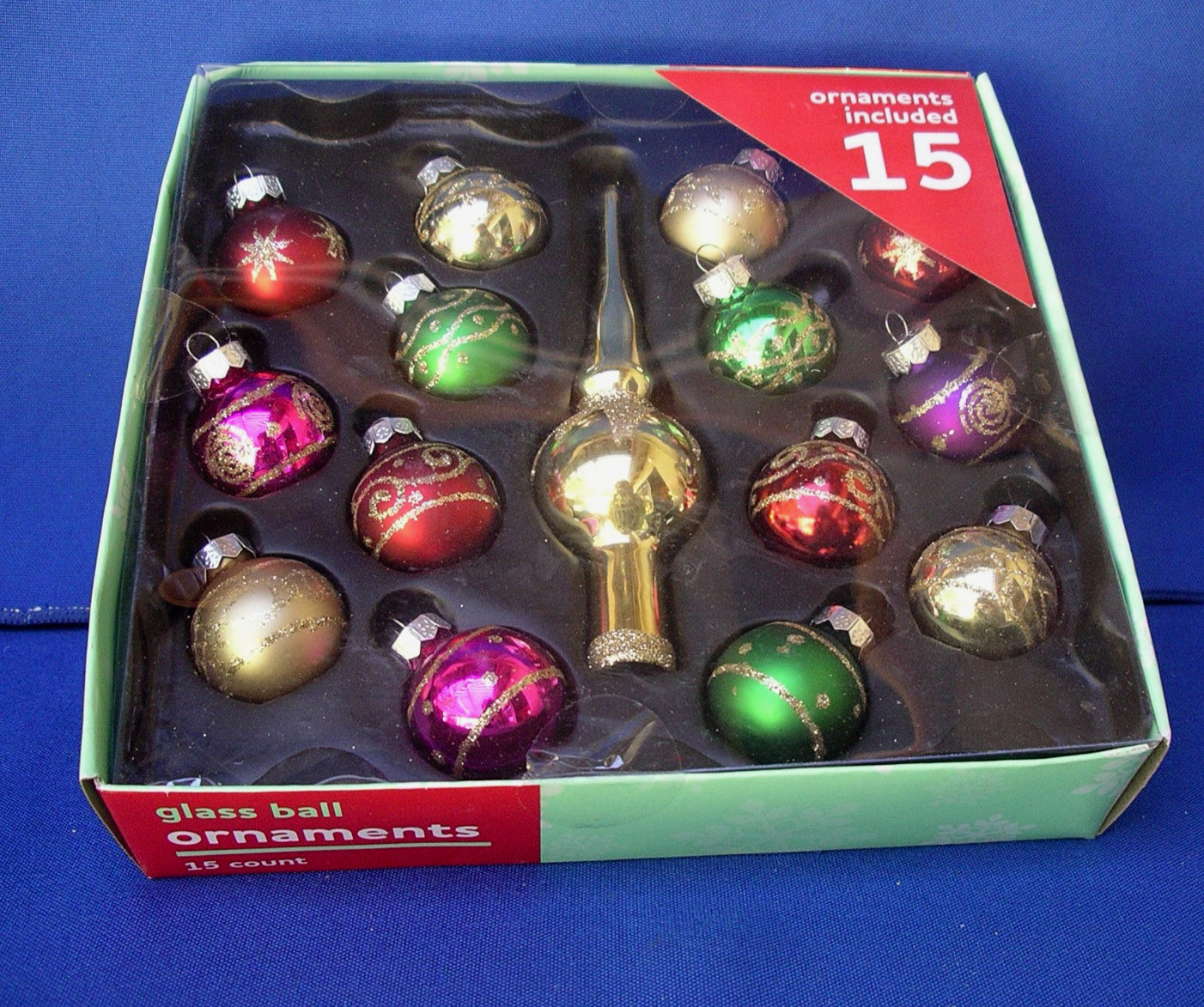 Mini Glass Tree Topper & Ball Ornament Set 15-Piece Small Gold glitter