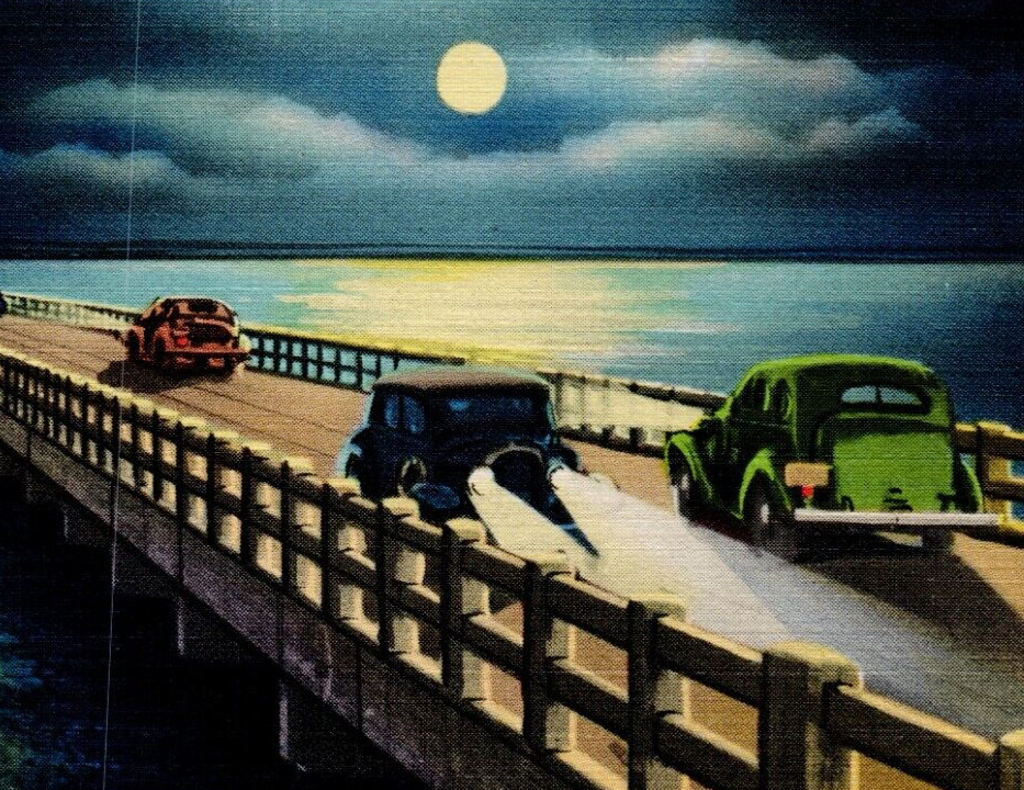 Gandy Bridge Tampa Bay St Petersburg Florida Linen Postcard Moonlight Tichnor