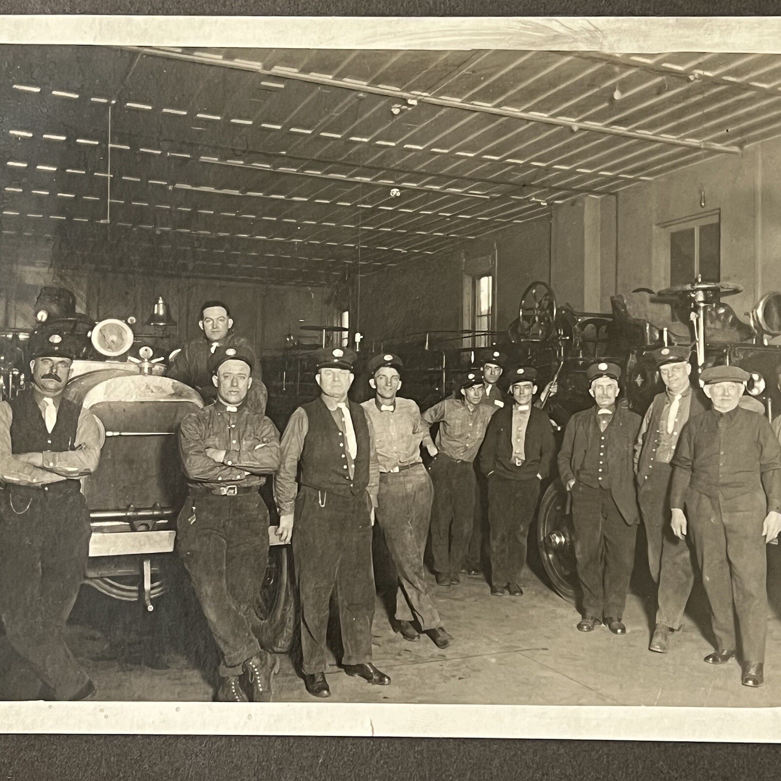 Vintage Cabinet Card Group Photograph Fire State Firemen Trucks Occupational