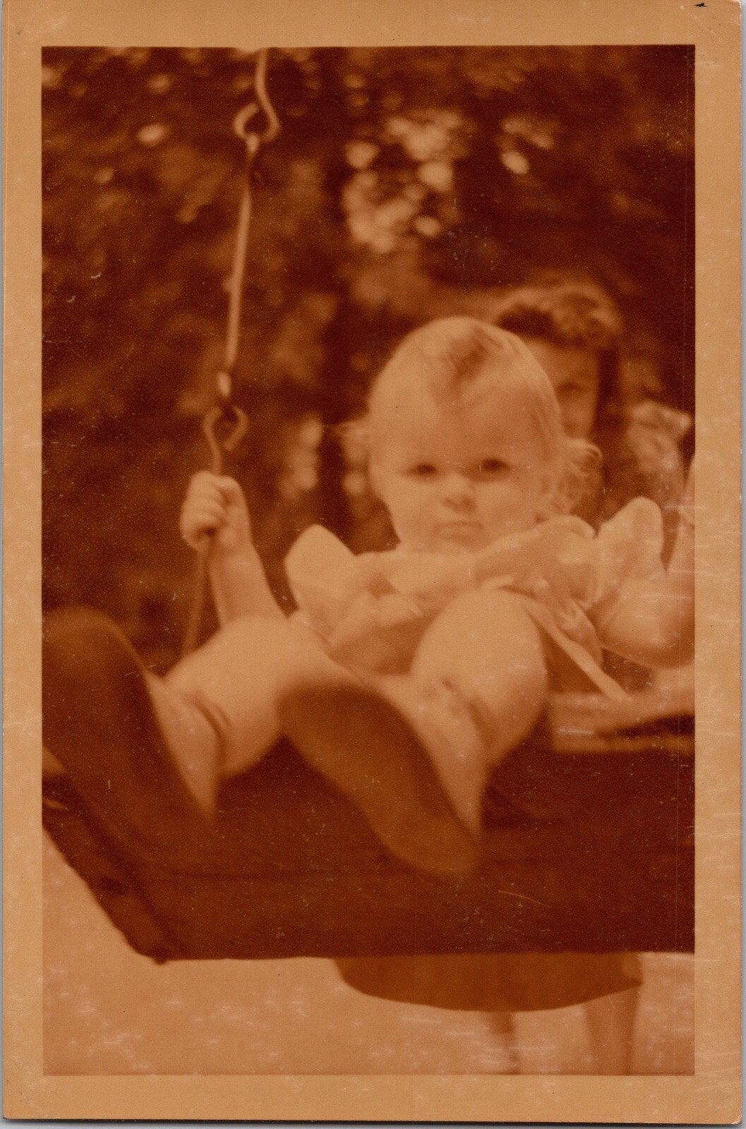 Vtg Color Photo 1942 WW2 Child Girl Toddler Kid Swinging Outside Playing Home