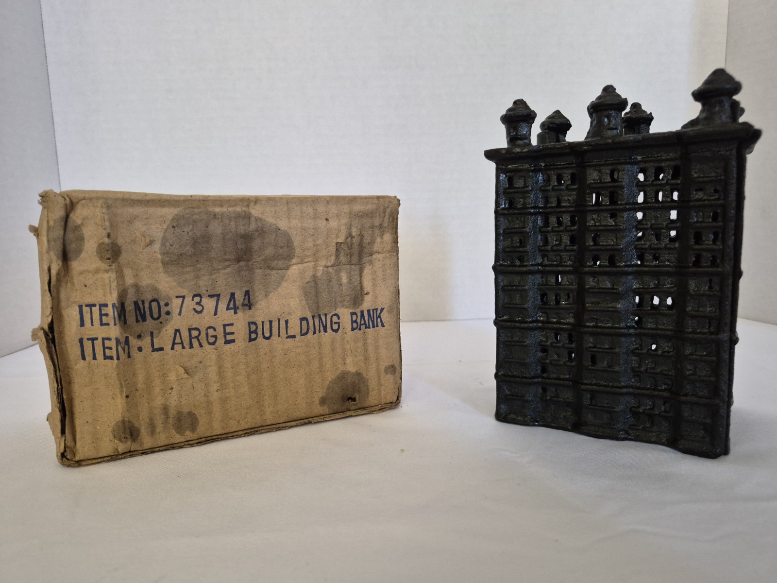 Vintage Cast Iron Large Building Still Bank, Sealed Original Box