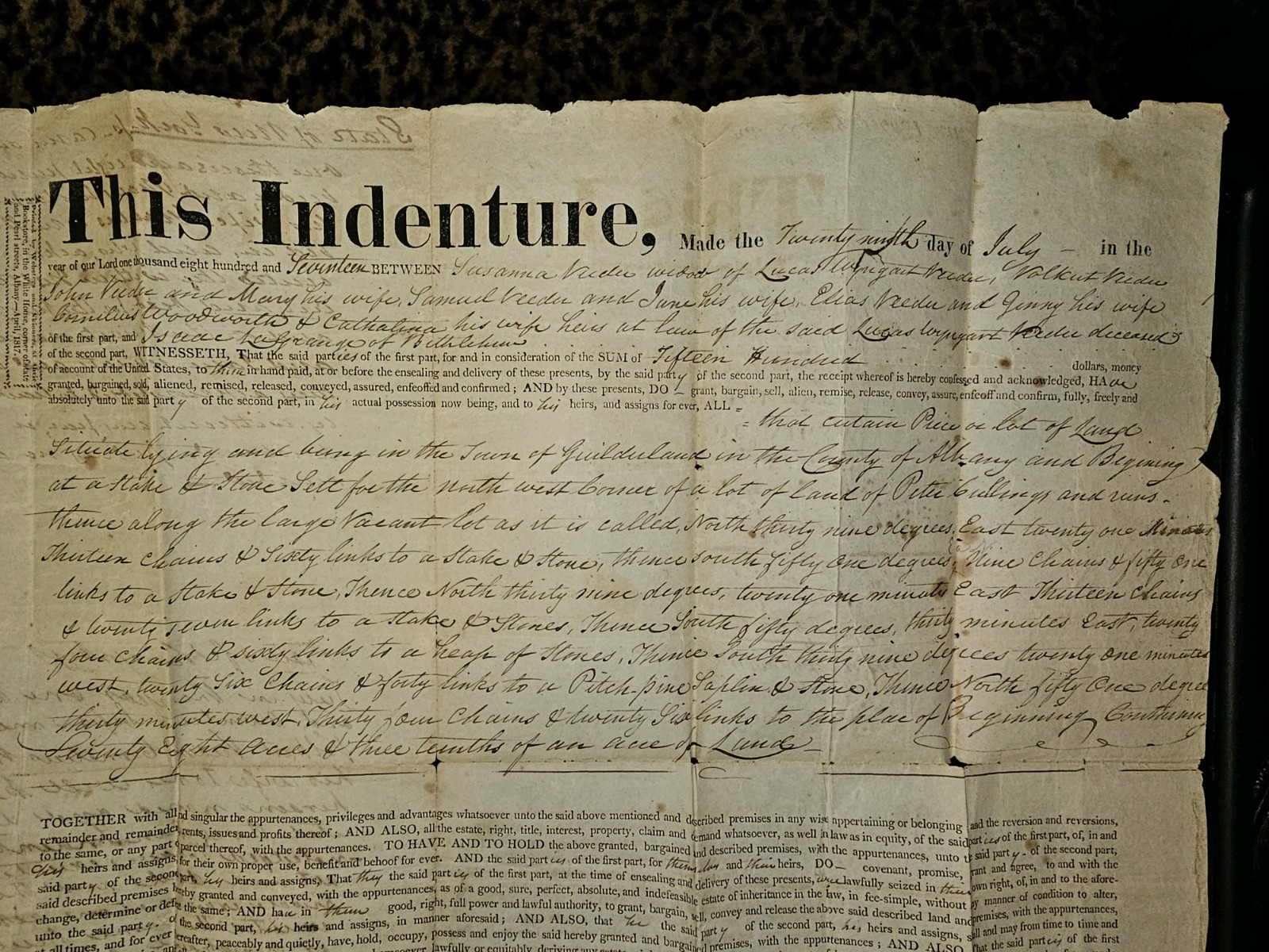 1817 Albany NY Land Deed – Vedder, Woodworth, Crary Families – 28 Acres Located