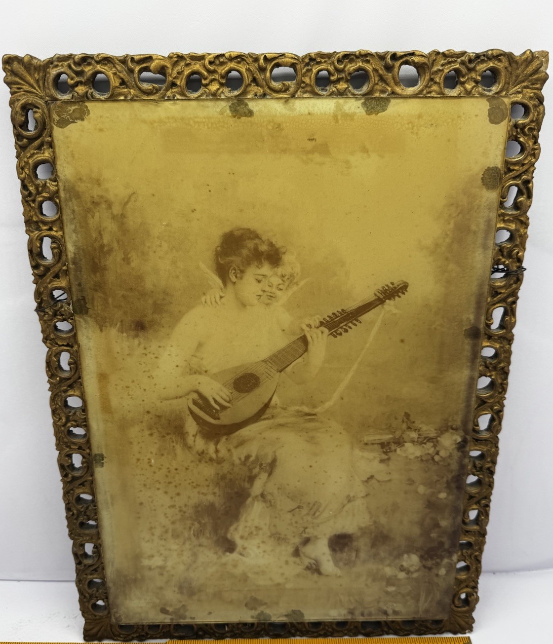 Antique 1890s Victorian Cupid Mandolin Lady Sepia Print Ornate Openwork Frame Antique 1890s Victorian Cupid Mandolin Lady Sepia Print Ornate Openwork Frame