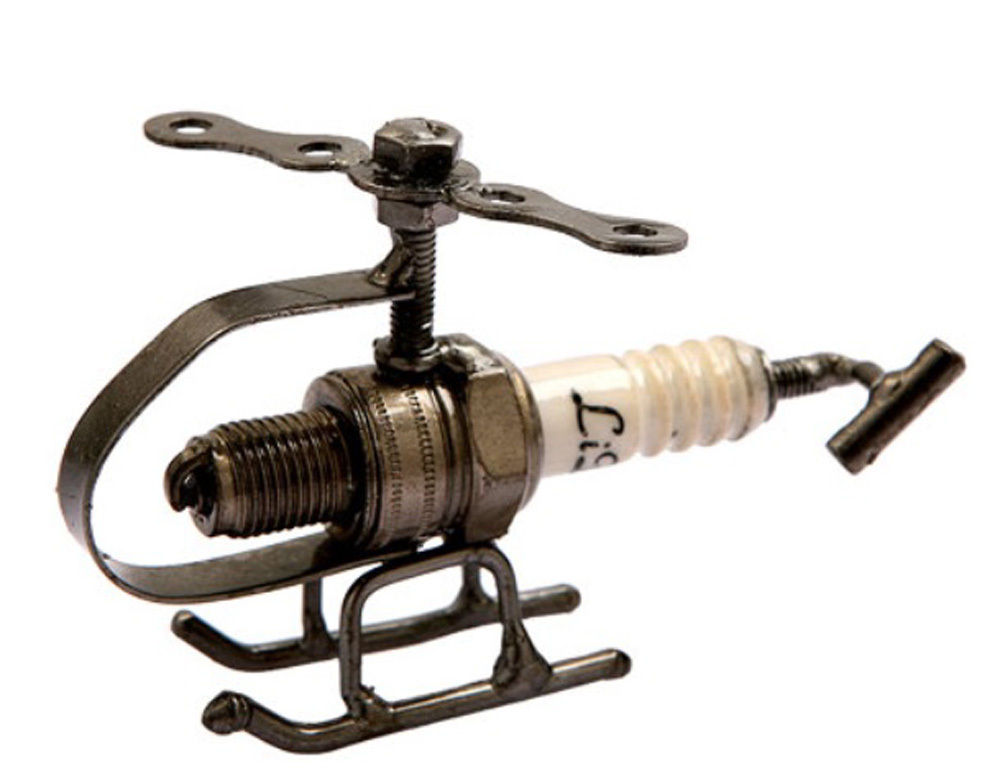 Spark Plug Helicopter Hand Crafted Recycled Metal Art Sculpture Figurine  