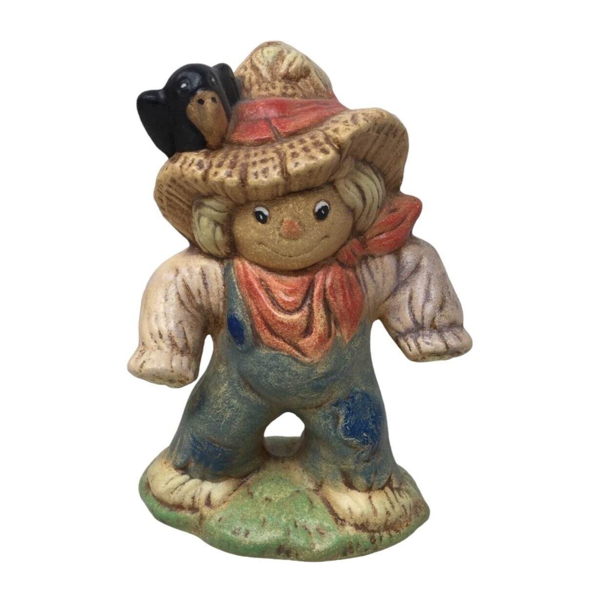 Vintage 1987 Cute Scarecrow Figurine with Bird on Shoulder - Fall or Autumn Deco