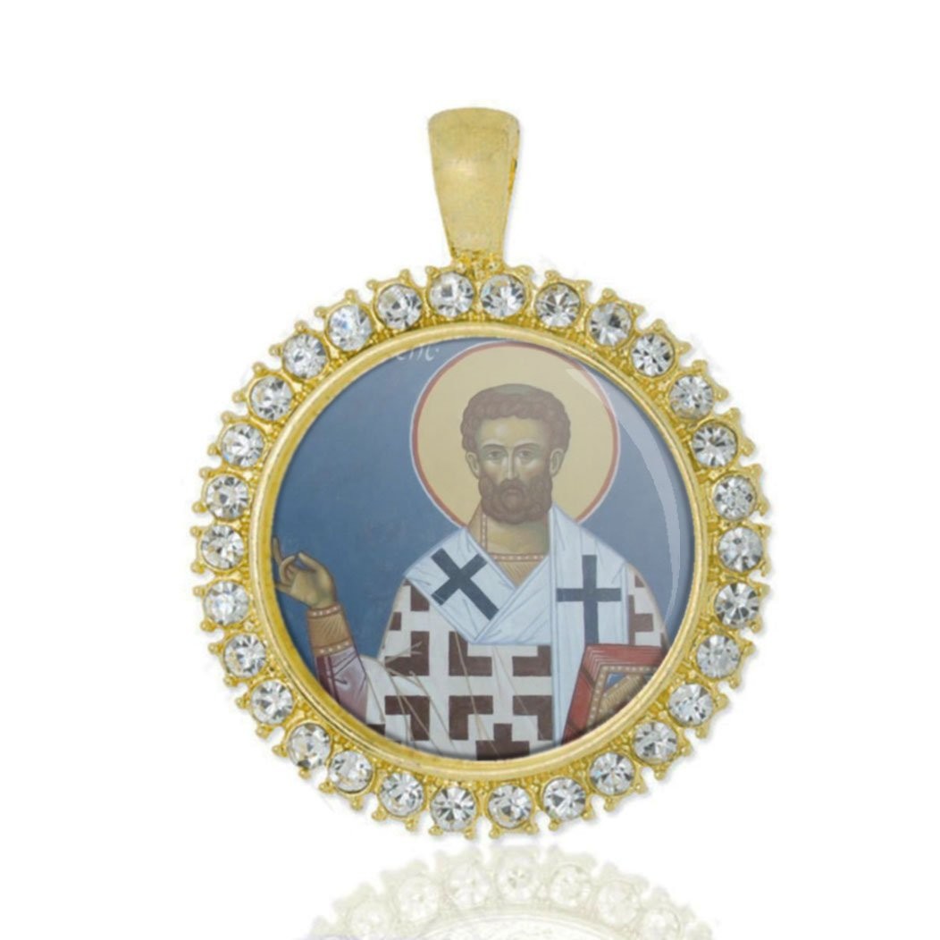St Clement Of Metz Christian Round Medal Gold Tone Pendant with Rhinestones