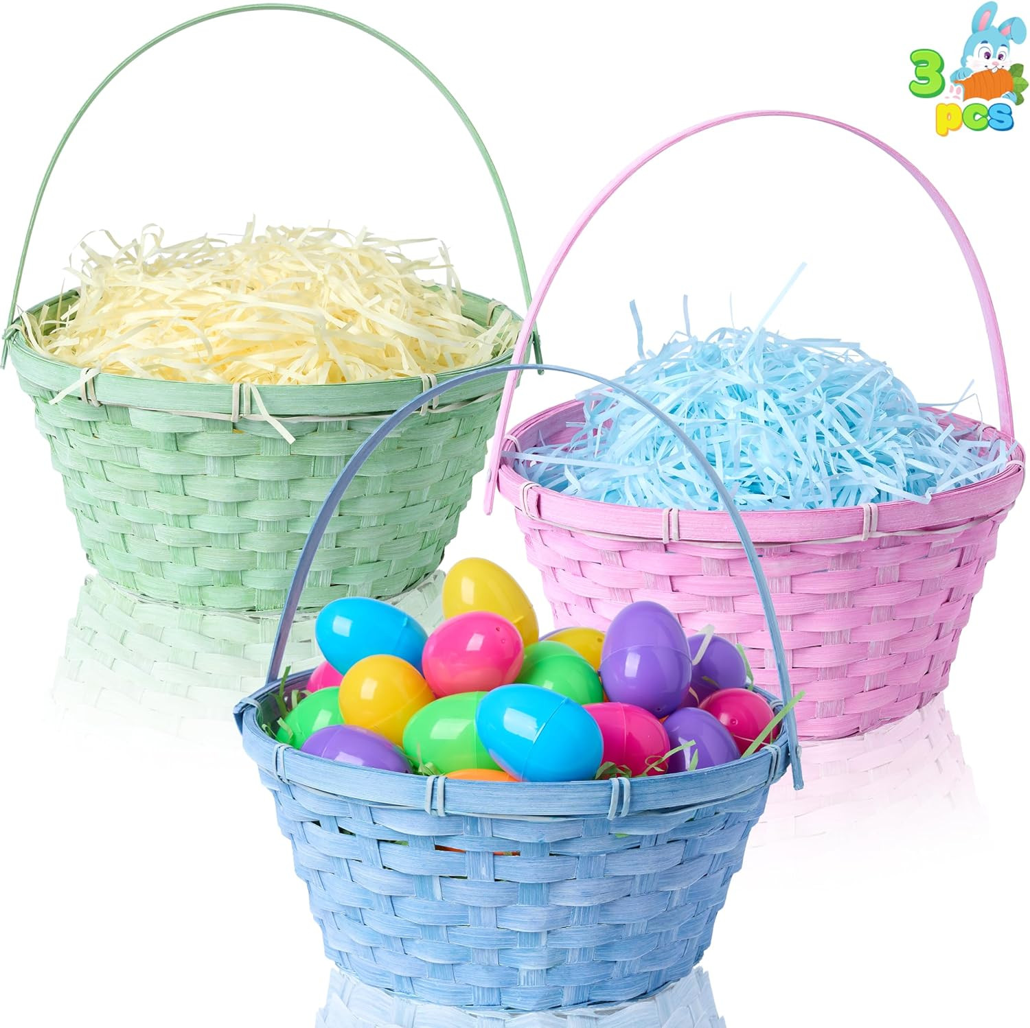 3 Pcs Easter Bamboo Baskets with Handle, Round Woven Egg Hunt Party Set