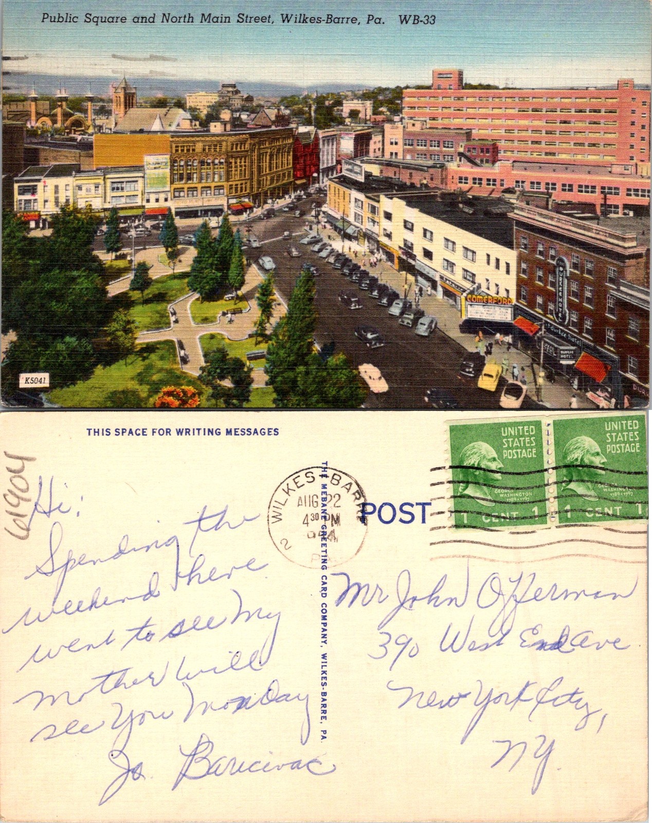Wilkes-Barre PA Public Square North Main St. Postcard 61904