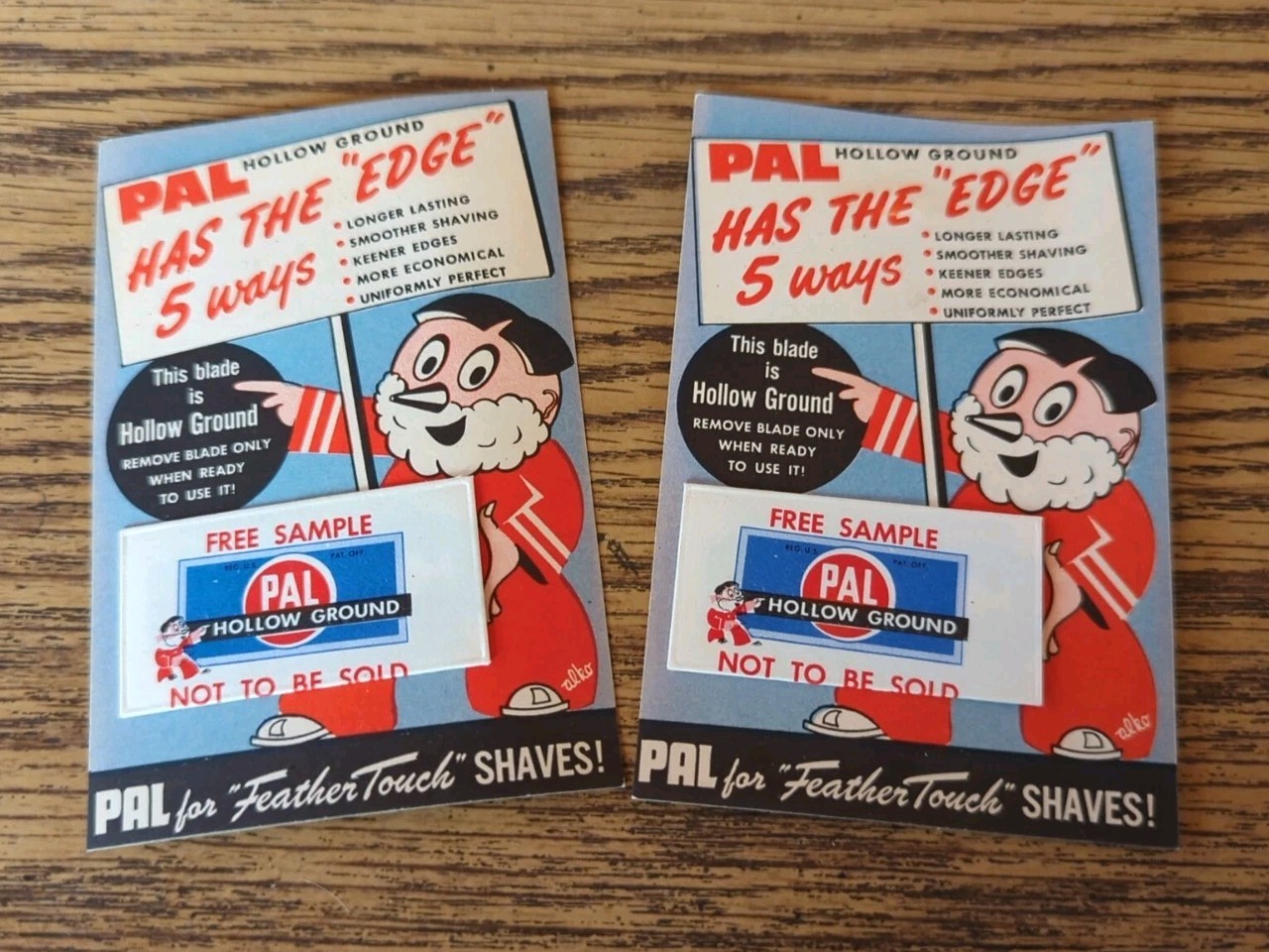 2 NOS Vintage PAL HOLLOW GROUND  RAZOR BLADE FREE SAMPLE Advertising CARD 1950’s