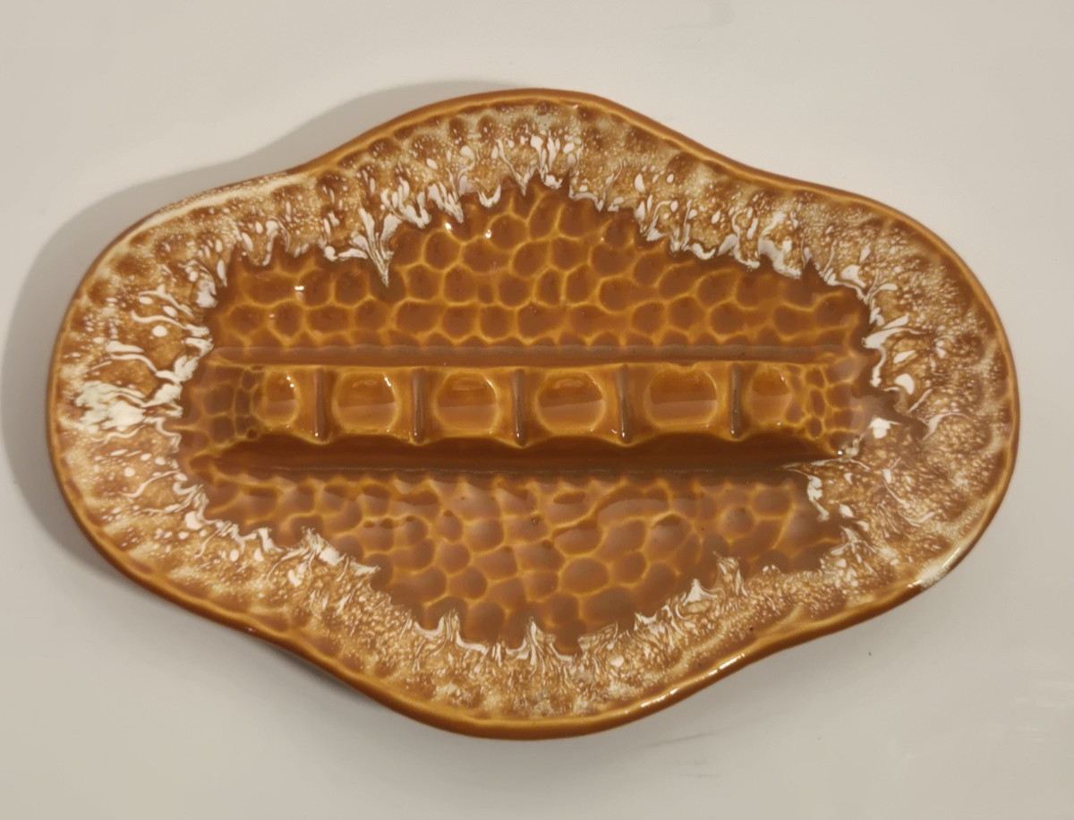 Mid Century Modern Glazed Pottery Ashtray Orange White #402 10.5 inch Made USA