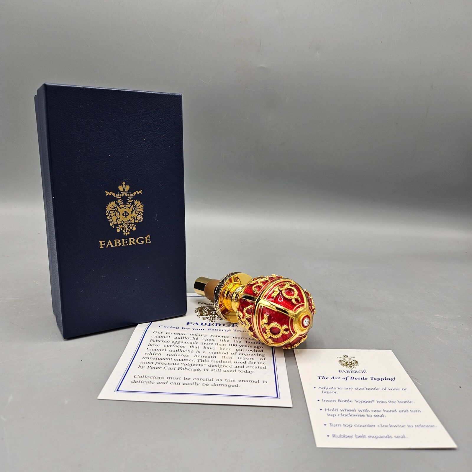 Faberge Egg Imperial Collection Red Rosebud Enamel Wine Bottle Stopper with Box