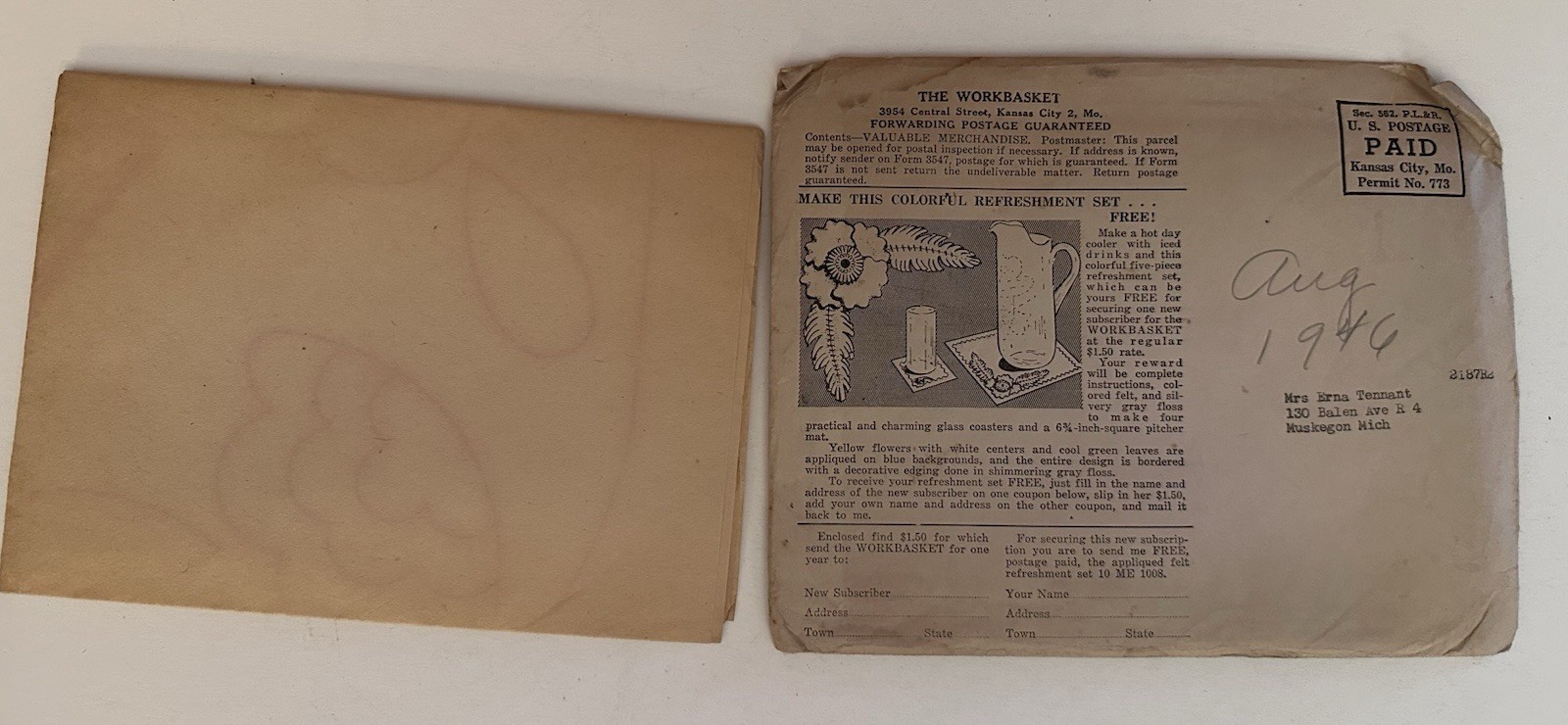 Vintage 1946 The Workbasket Magazine Mailer & Iron On Embroidery Transfer Aug