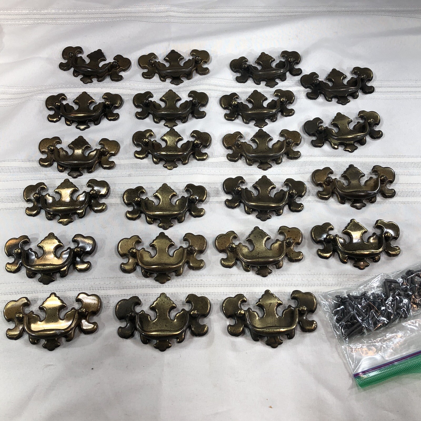 22pc Queen Anne Chippendale Drawer Pulls Lock Plate Brass Tone Metal W/ Screws