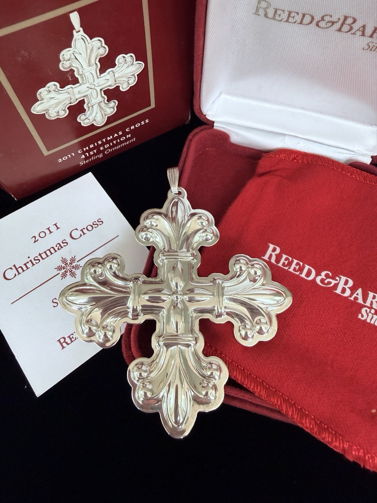 Reed & Barton 2011 Sterling Silver Cross Christmas Ornament Pendant Box & Bag