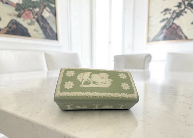 Wedgwood Sage Green Jasperware Rectangular Trinket Box Chariot Cherub Vintage