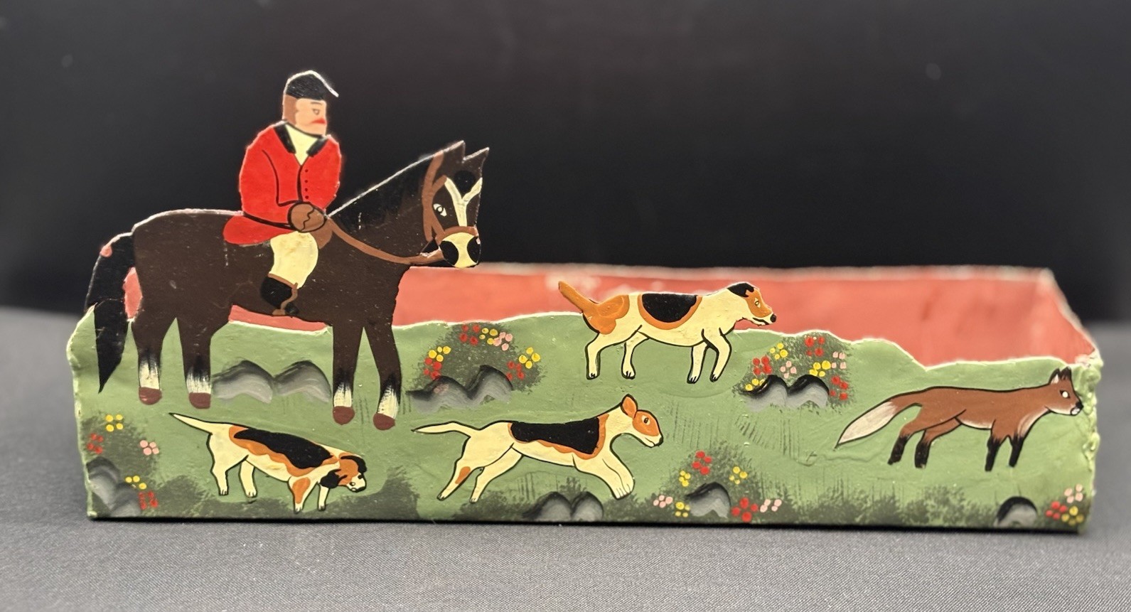 VTG English Fox Hunt Trough/ Box /Planter feat. Rider Hounds Tin Desk Organizer