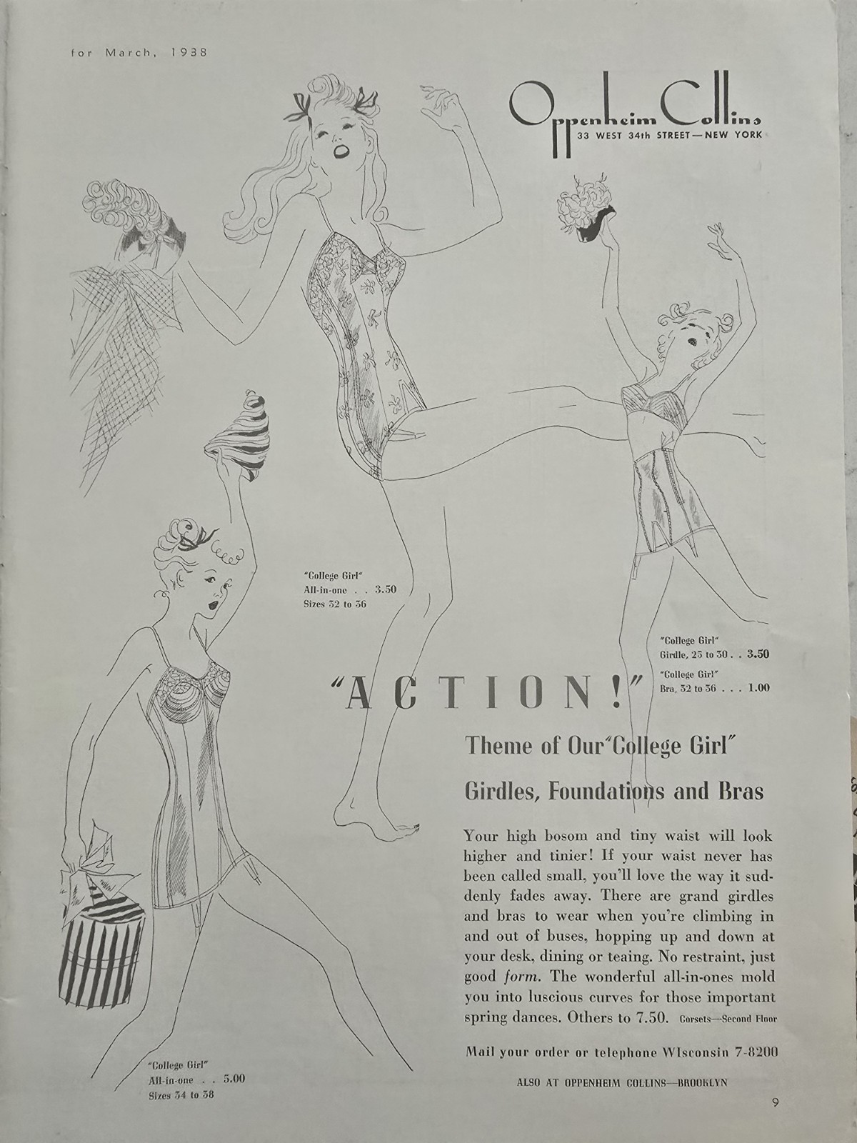 1938 Women's College Girl girdles bra Oppenheim Collins Vintage Fashiin Art Ad 