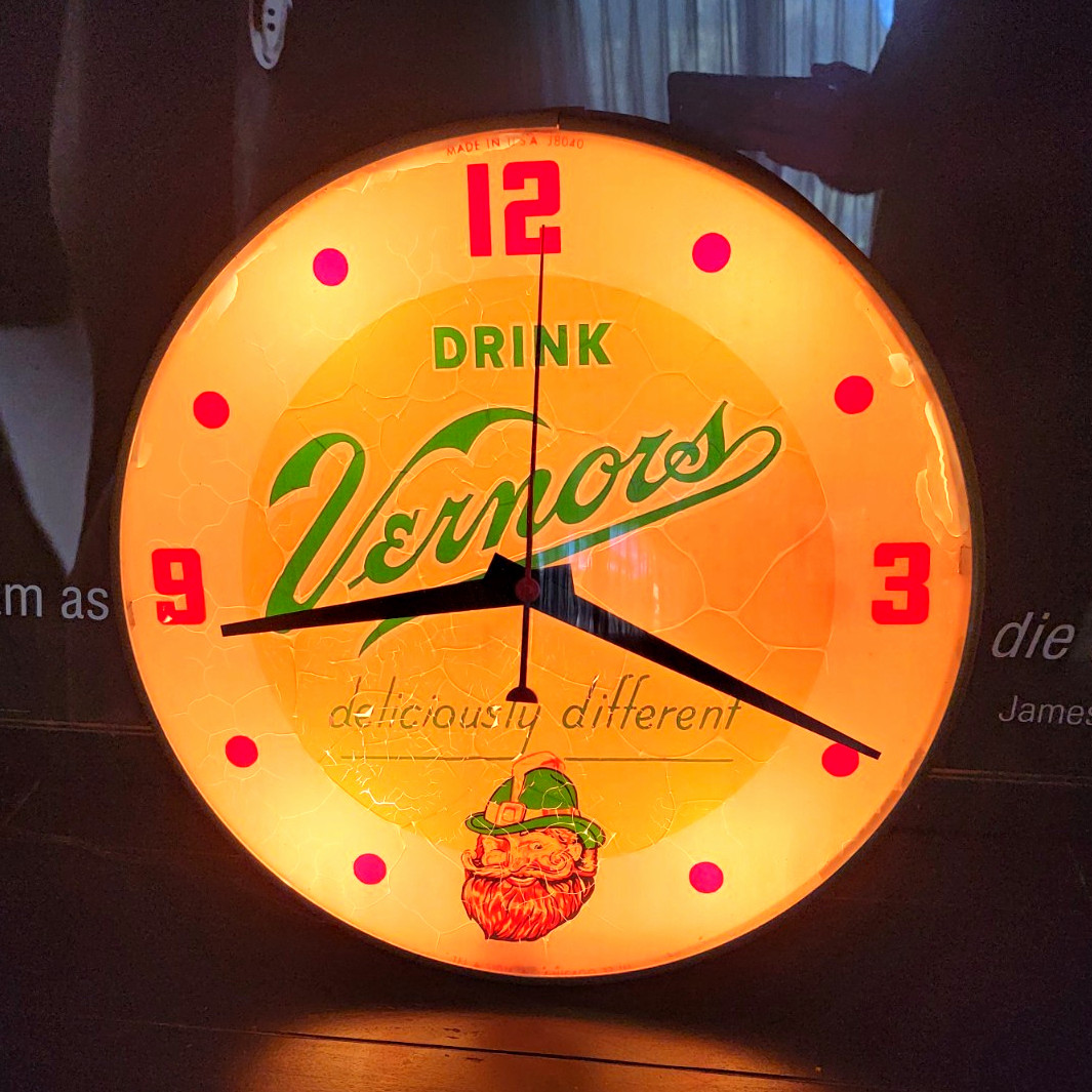 Vintage Vernors Lighted Advertising Wall  Clock w/ Power Cord, (1957)