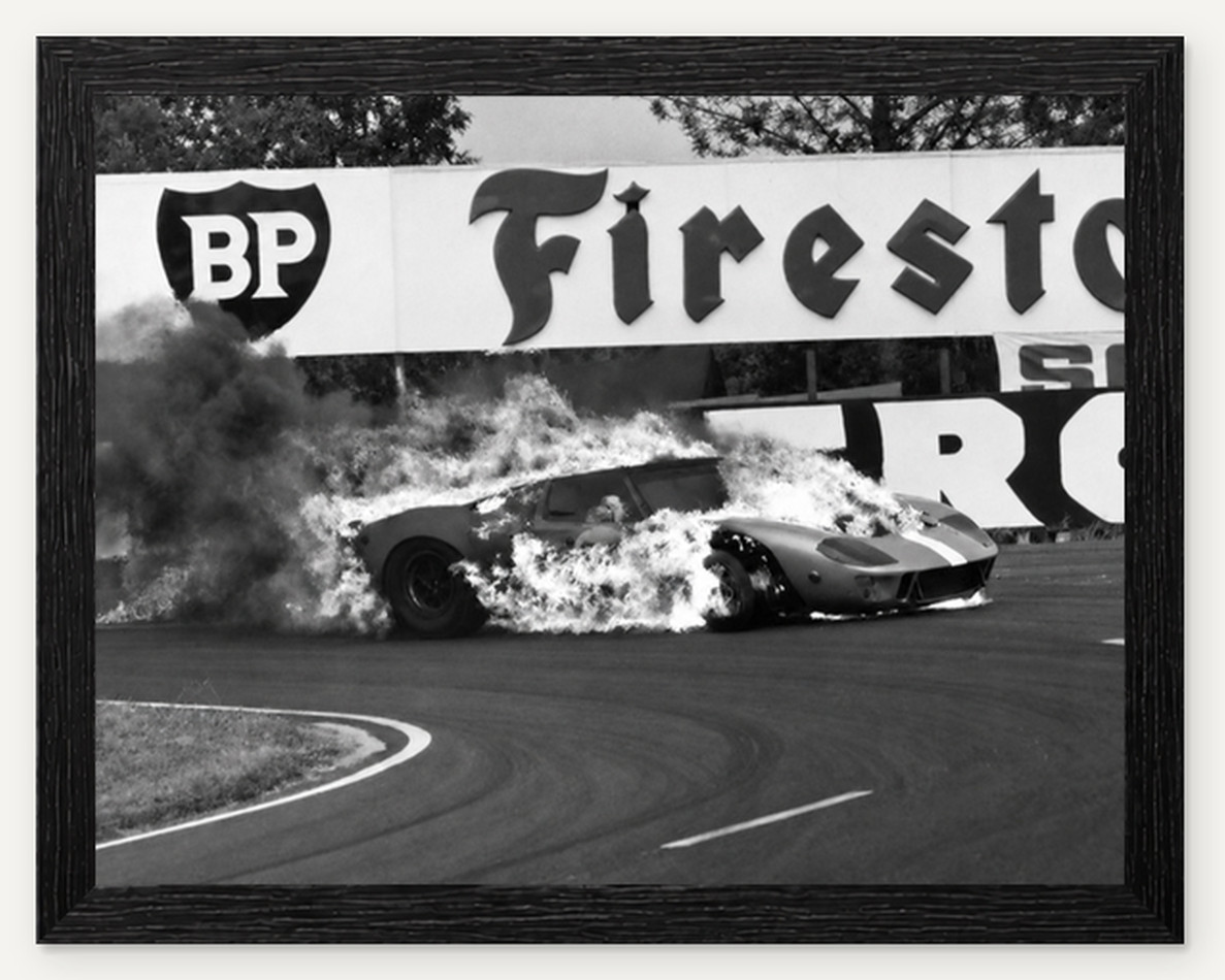 12X9.5 FRAMED 1966 LE MANS FORD GT40 MKII BURNING PHOTO REPRODUCTION PRINT