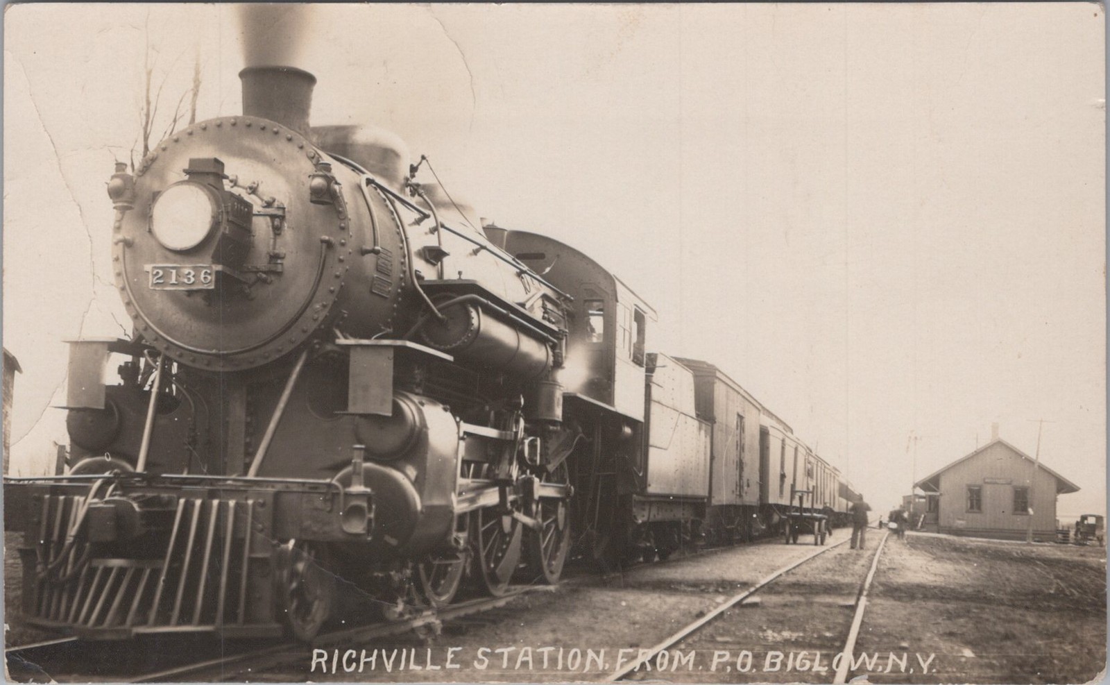 Locomotive 2136 Train Depot Richville Biglow New York NY RPPC RPO 1910s Postcard