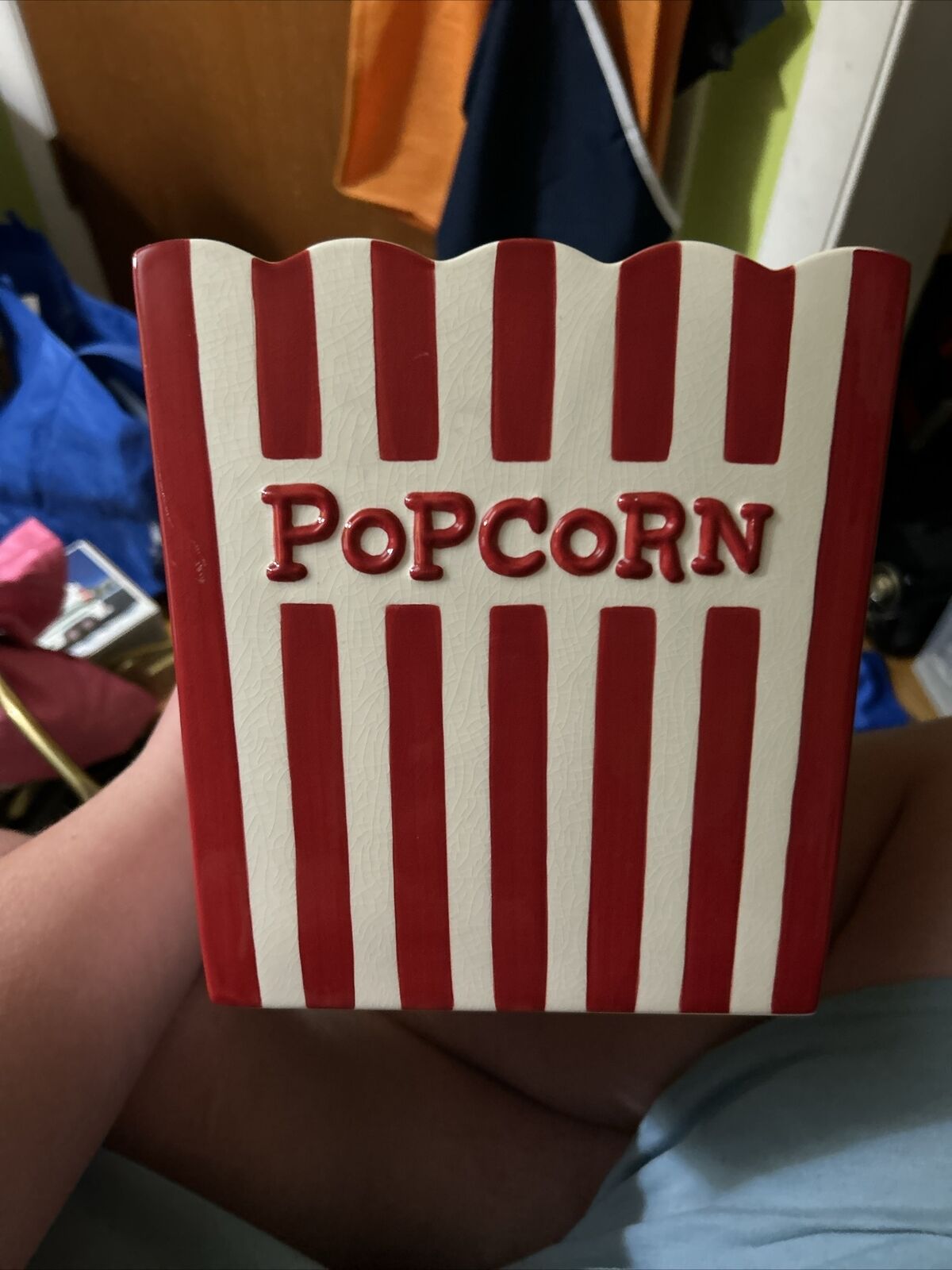 Hallmark Popcorn Red And White Ceramic Container Popcorn Bowl Bucket Holder