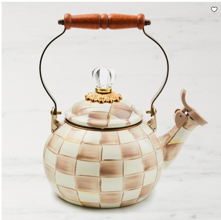 MacKenzie-Childs Mocha Check Whistling Tea Kettle Enamel Steel Stovetop
