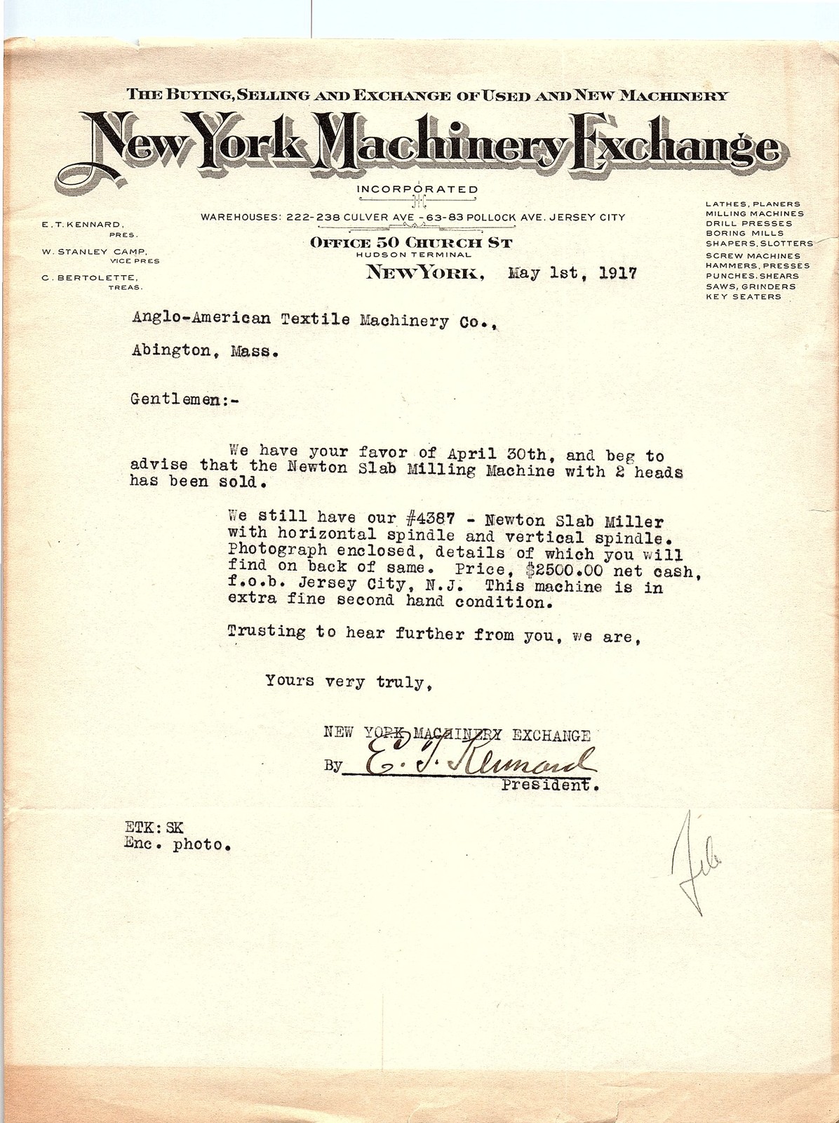 1917 NY Machinery Exchange letter re: Newton Milling Machine