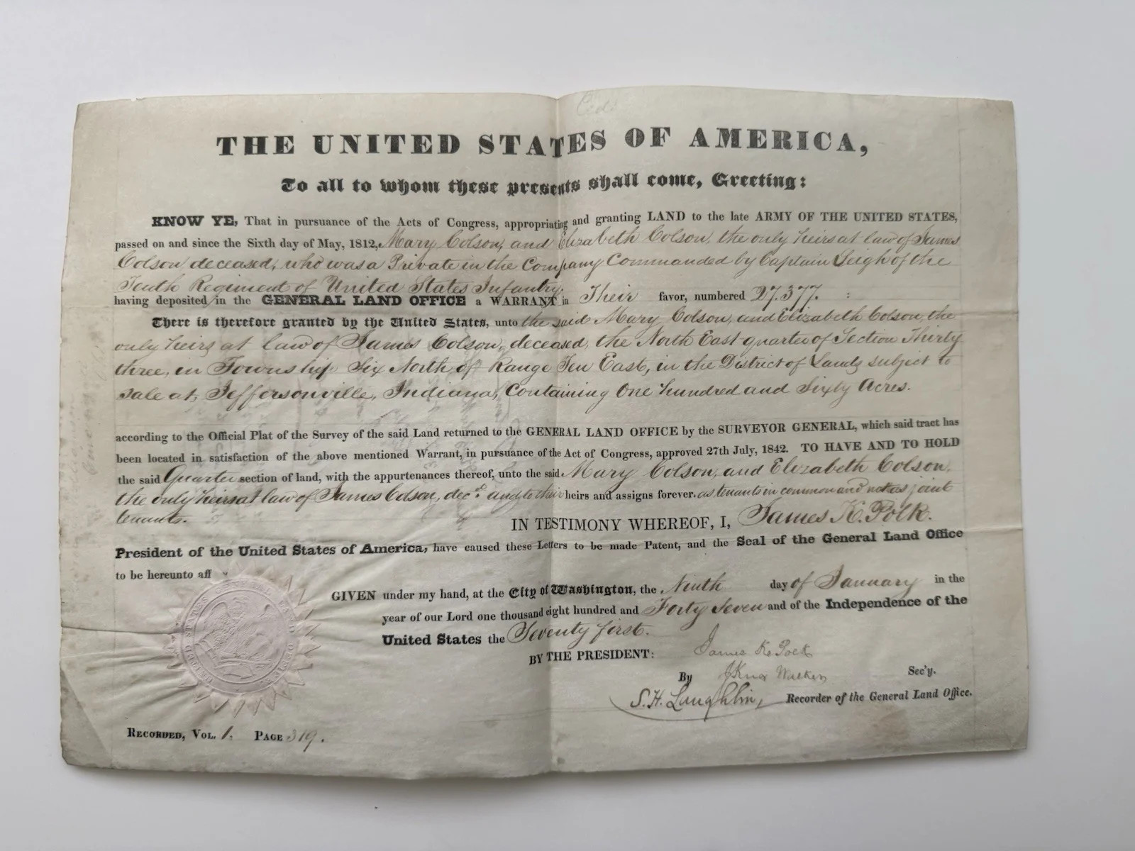 1847 James K Polk Bounty Land Patent 