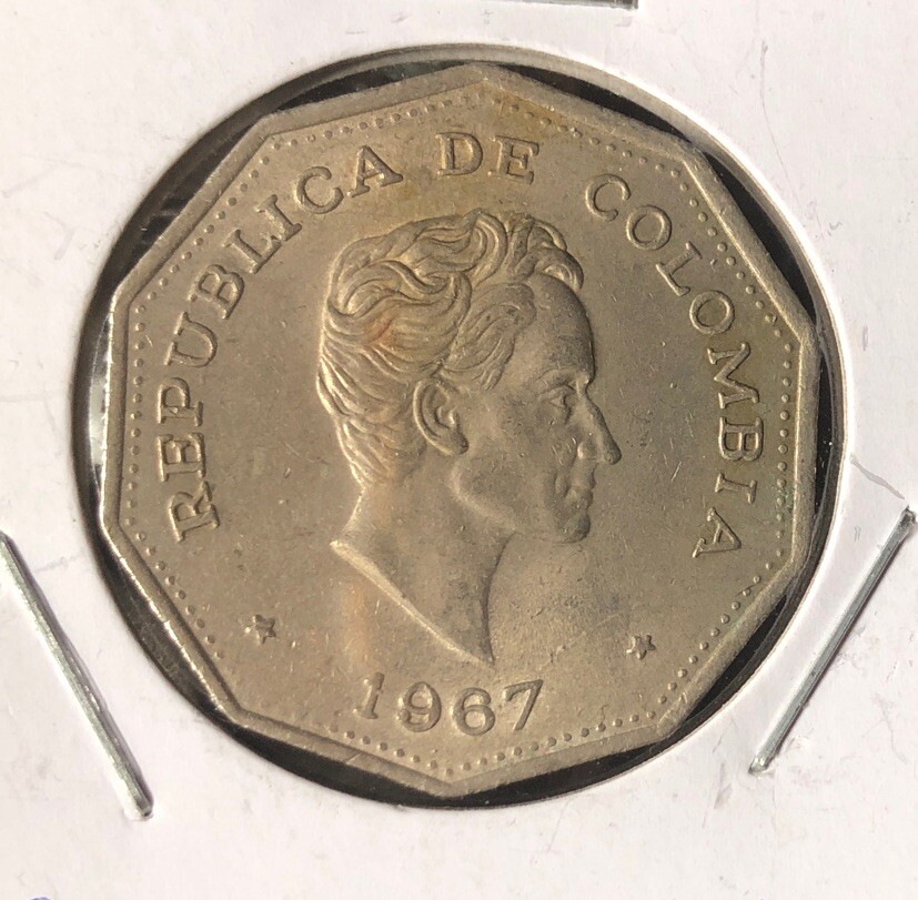 1967 REPUBLICA DE COLOMBIA SIMON BOLÍVAR COPPER-NICKEL 1 PESO COIN—30MM-KM#229
