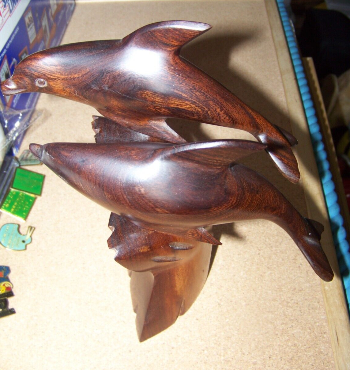 Two Dolphins figurine statue dolphin solid wood tail shaped base