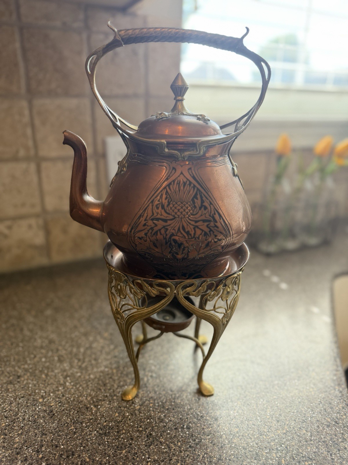 Antique Carl Deffner Attributed Copper Brass Jugendstil Thistle Kettle Stand