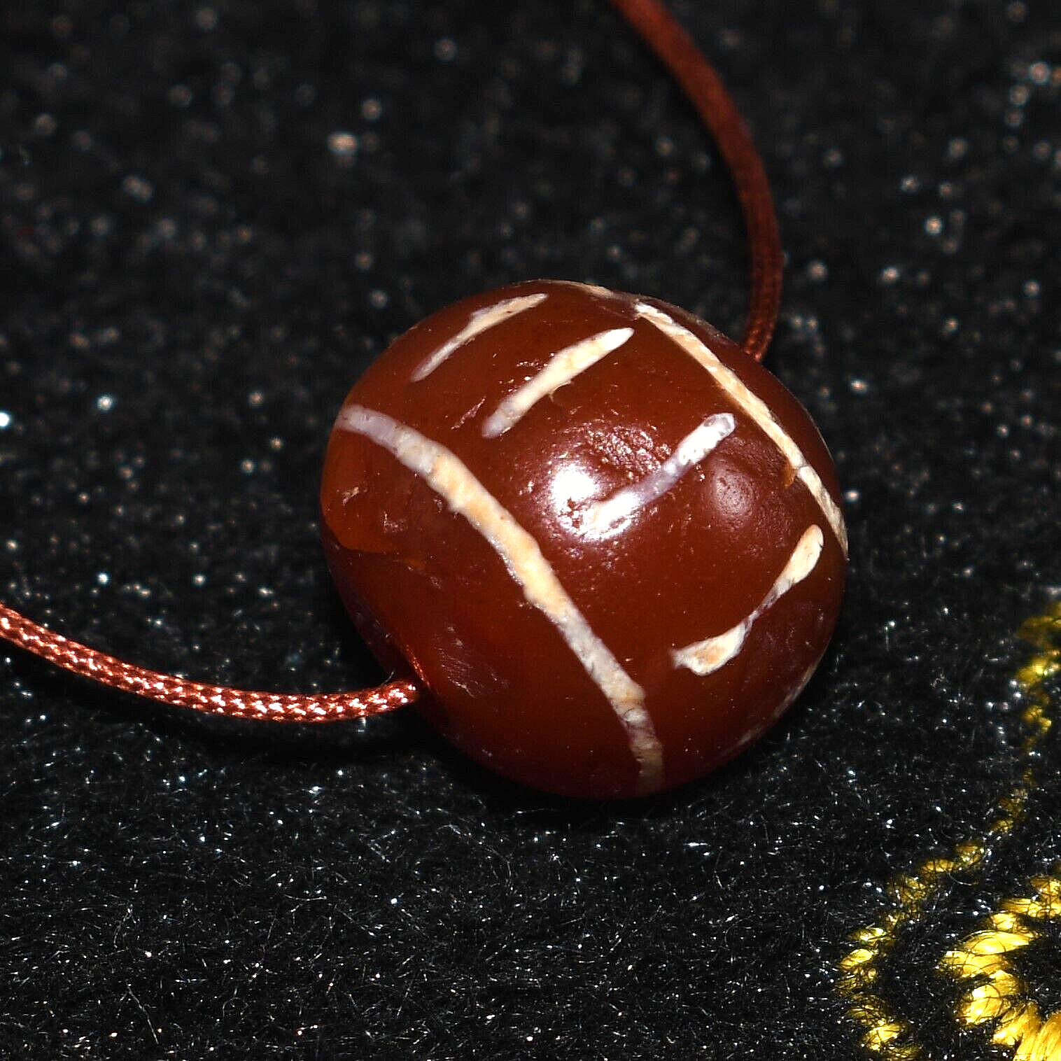 Genuine Ancient Round Etched Carnelian Longevity Bead with Multiple Stripes