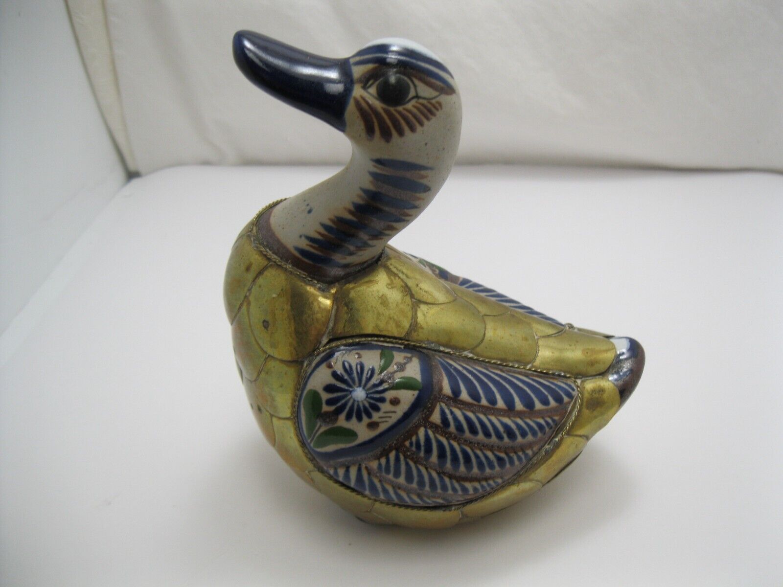 Vintage Mexican Tonala Duck Hand Painted Glazed Ceramic Pottery Brass Plated VTG