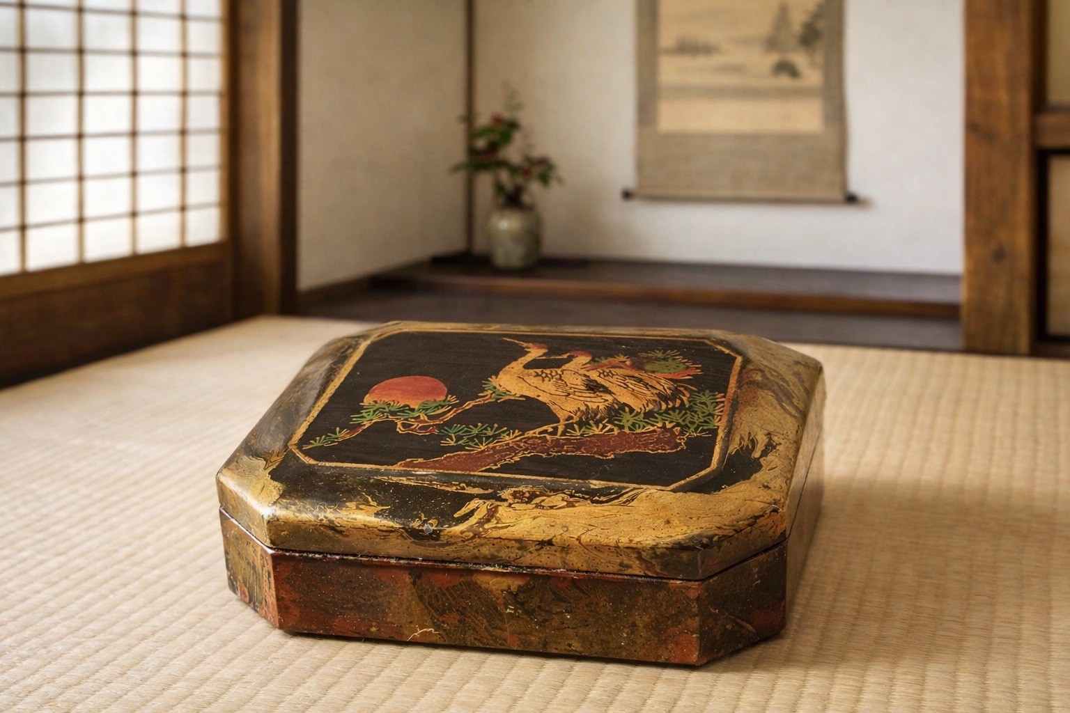 Antique Meiji Era Japanese Lacquer Large Trinket Box, Crane & Sunset, 5 7/8\