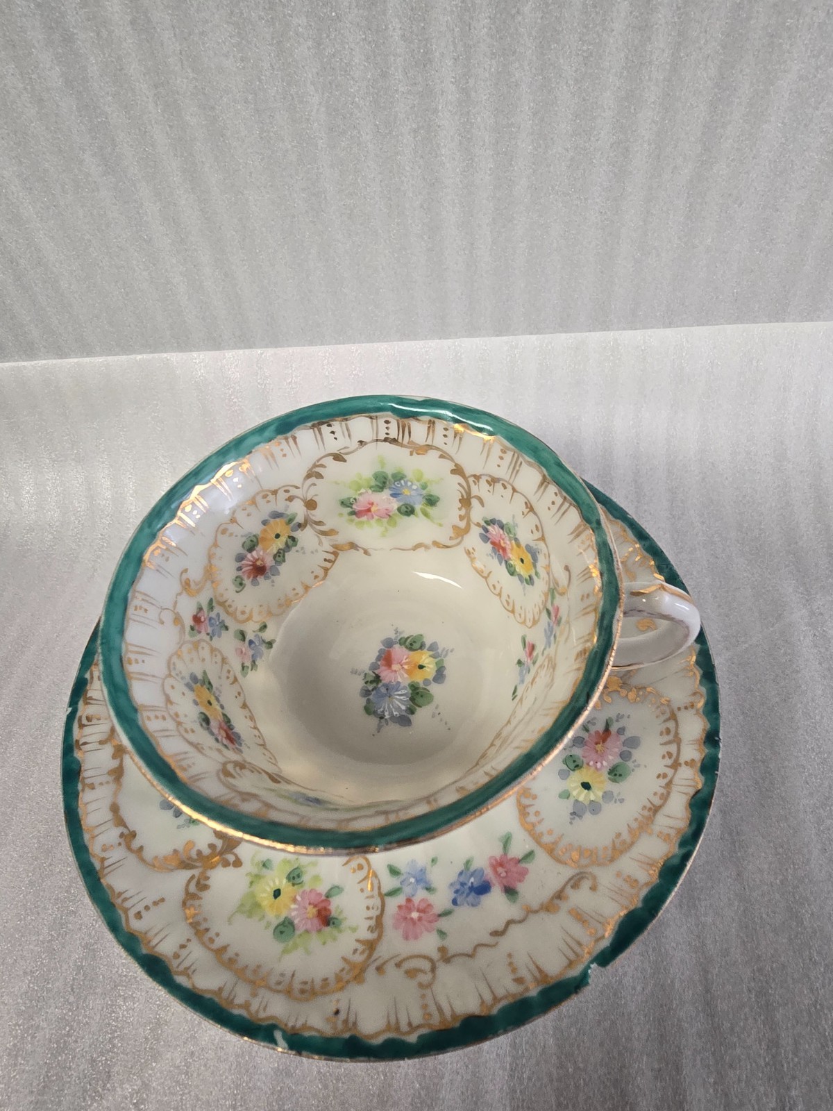 Vintage Hand Painted Bone China Teal & Gold  W/ Roses Cup & Saucer