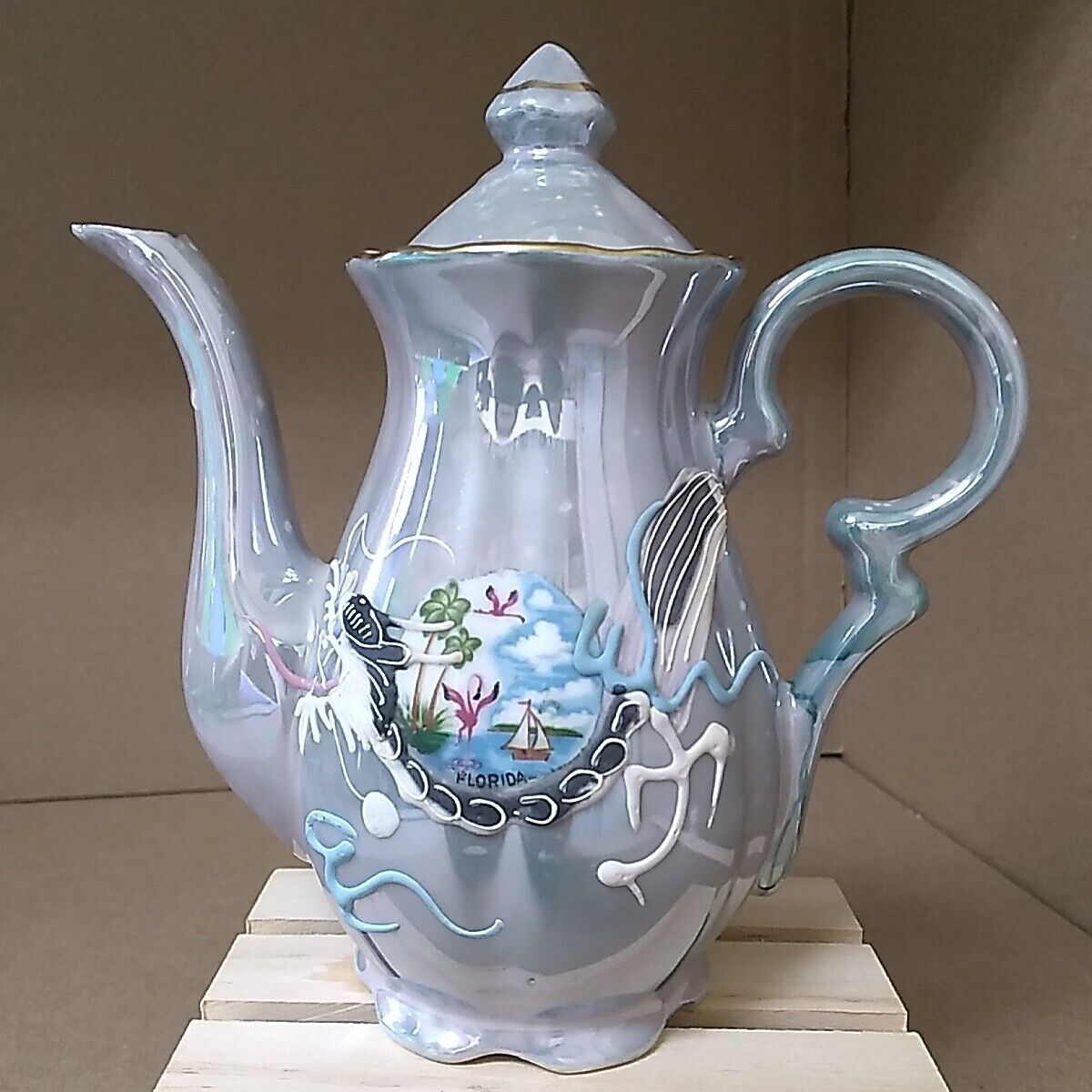 Florida Vintage Souvenir Teapot With Dragon And Florida Flamingo Sailboat Scene