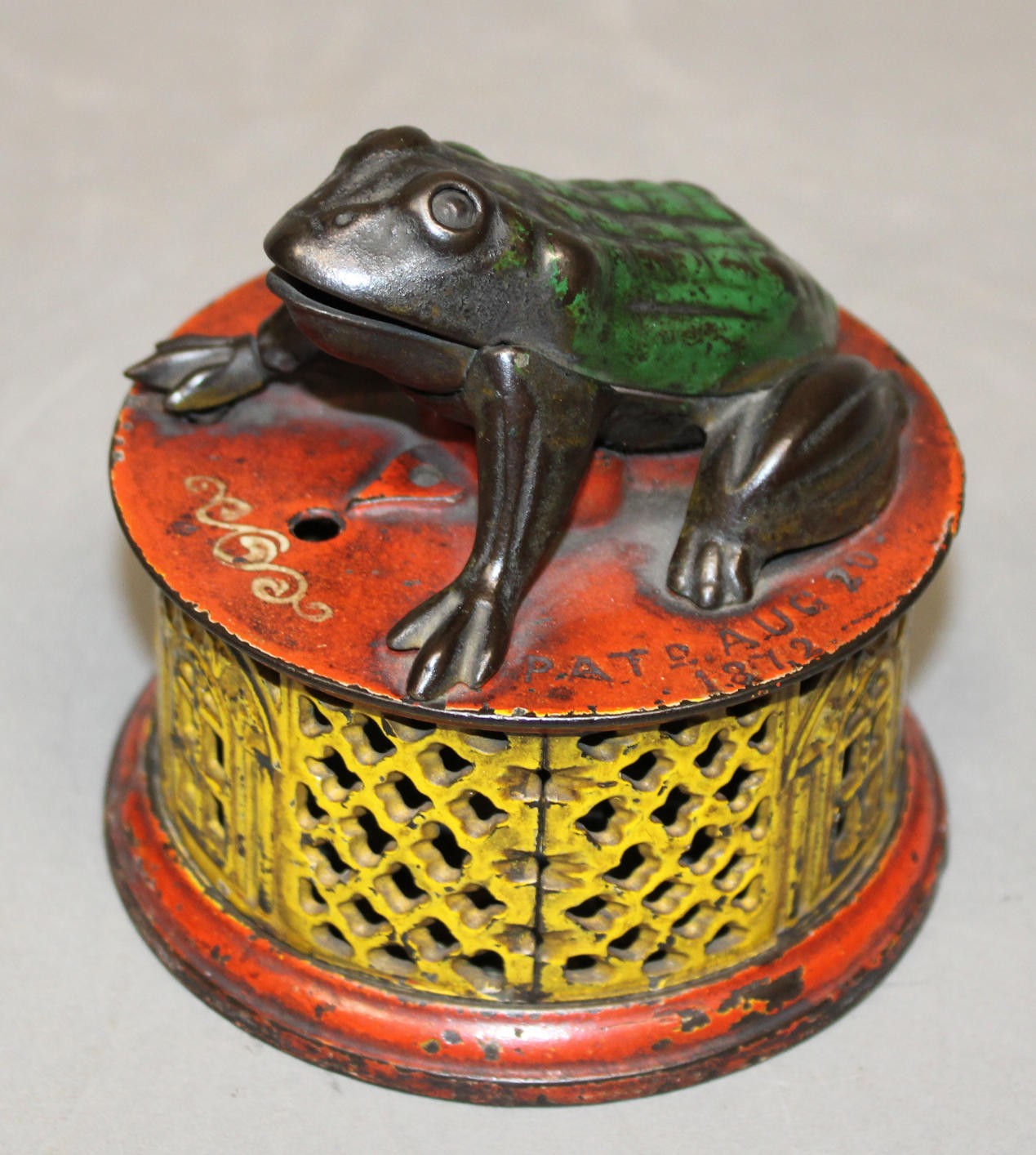 Antique Cast Iron Frog on Lattice Mechanical Bank Antique Cast Iron Frog on Lattice Mechanical Bank