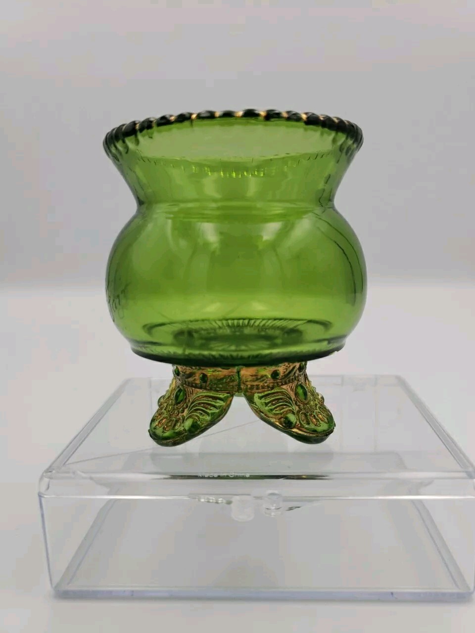 EAPG Emerald Green Gold  Souvenir Glass Toothpick Holder Engraved