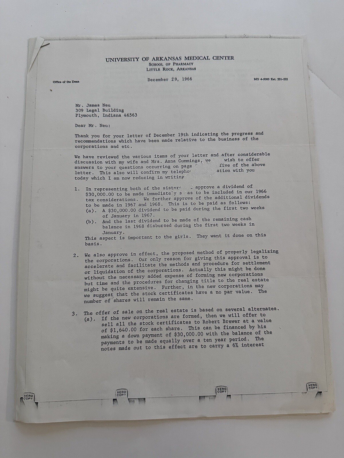 1966 University of Arkansas School of Pharmacy Stock Share Correspondence Epheme