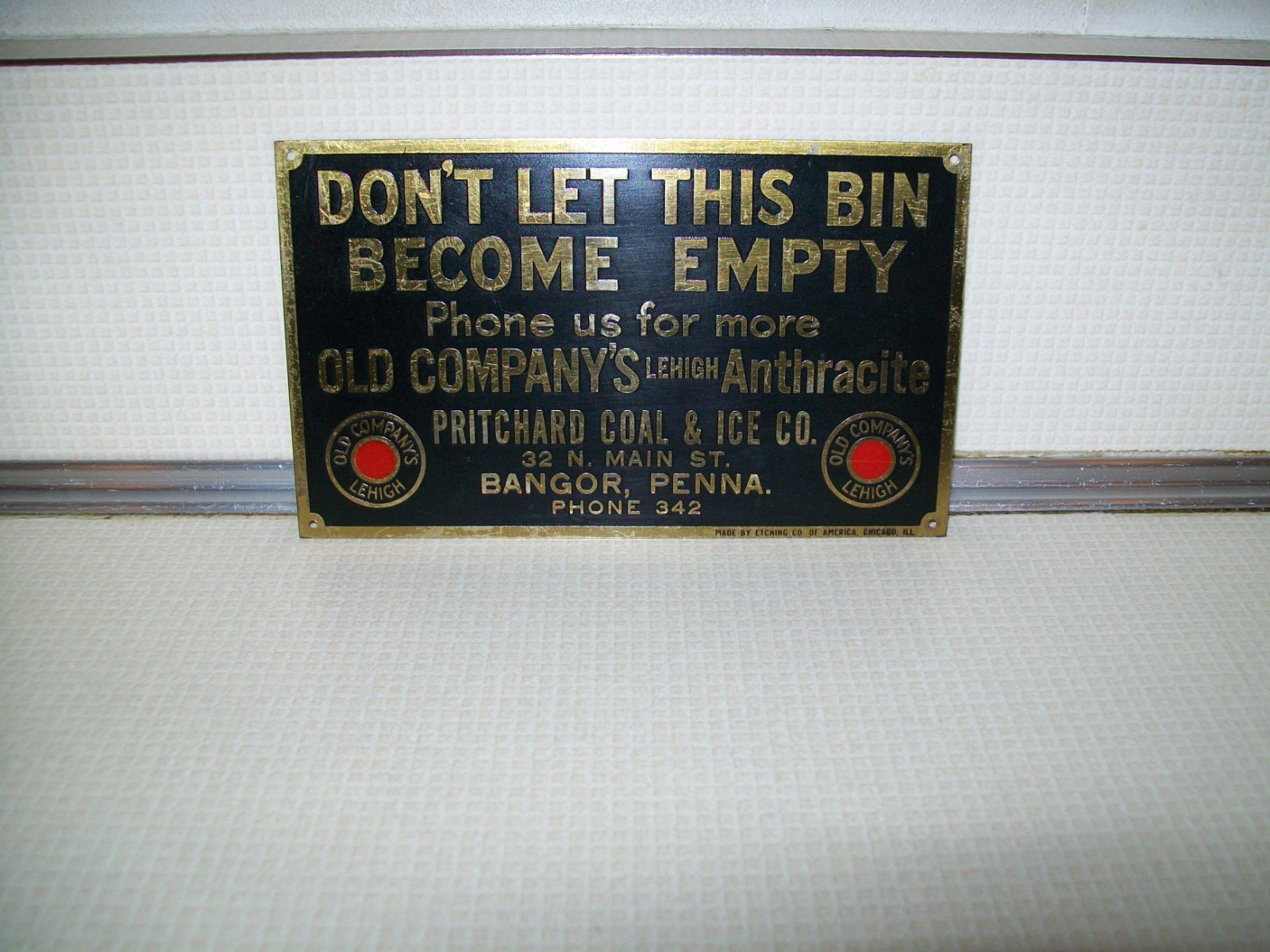 Old Company\'s Lehigh Anthracite Coal Bin Plate Sign Pritchard Coal Ice Co. Penna