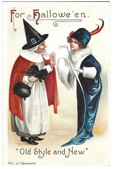 Atq Halloween Postcard 2 Witches Old Style & New Clapsaddle IAP 4439 Unposted