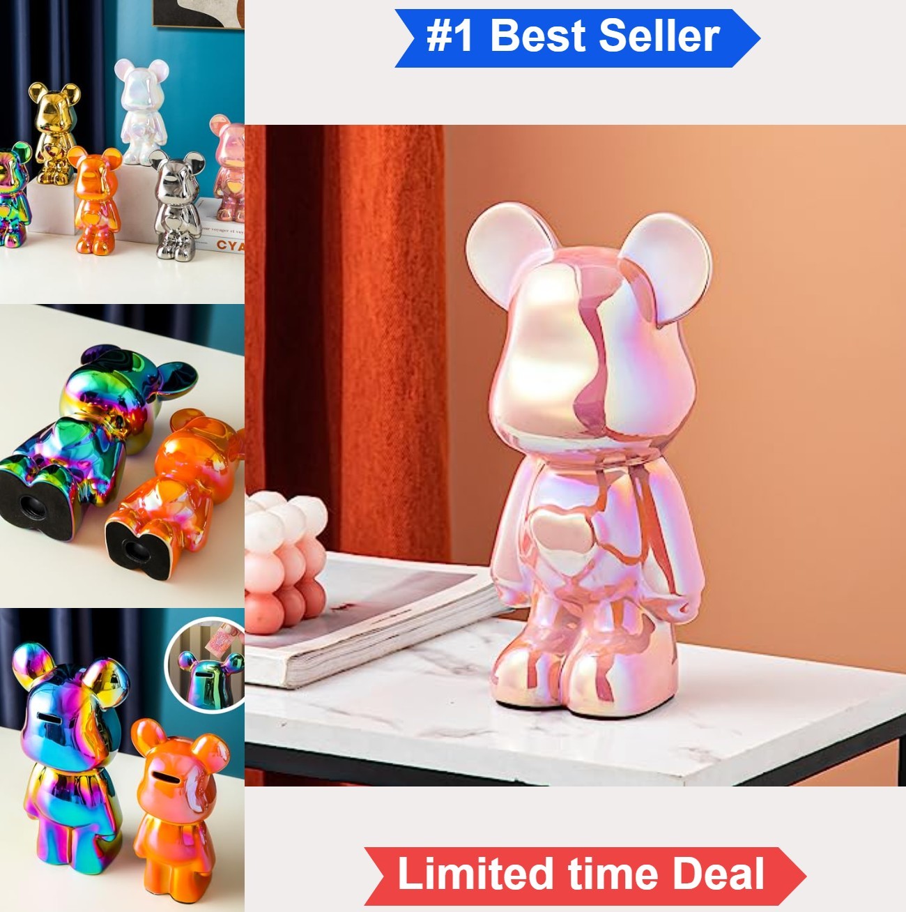 Ceramic Piggy Bank Bear Shaped Pink Coin Bank for Kids Adults Modern Decor Gift