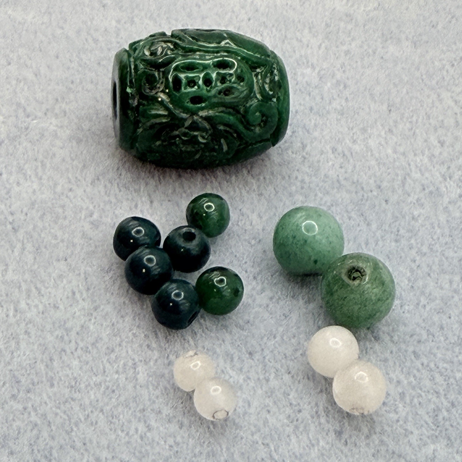 VTG Carved Jade Barrel Bead Multi-Color Drilled Round Green White Jadeite Stone