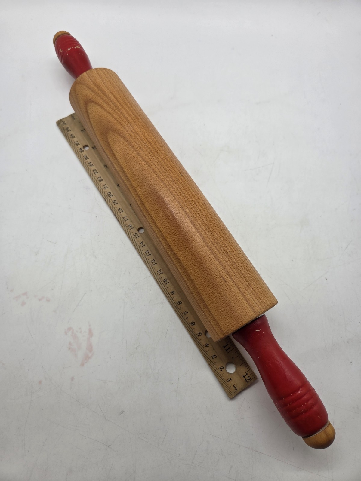 Vtg Maple Wood Rolling Pin with Red Painted  Turned Wood Handles 17\