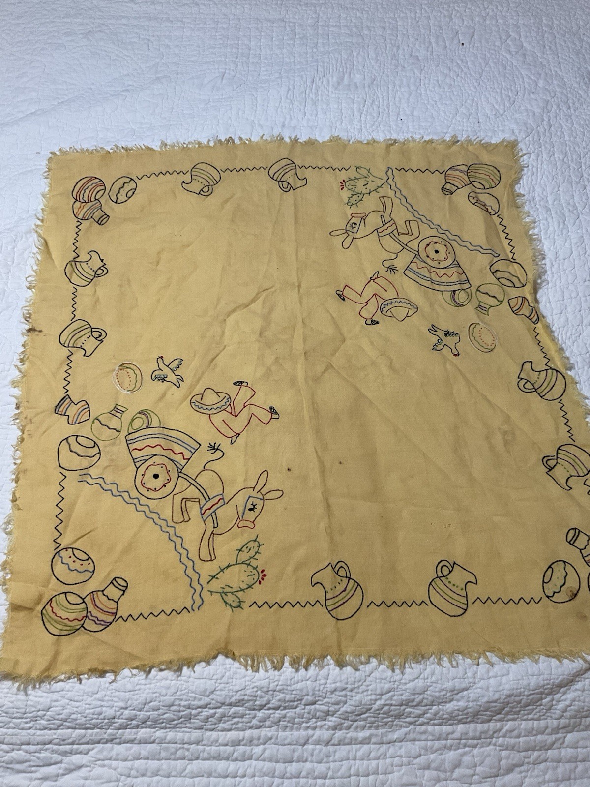 VTG Mexican Folk Art Hand Embroidered Tablecloth People Village Donkey Chicken