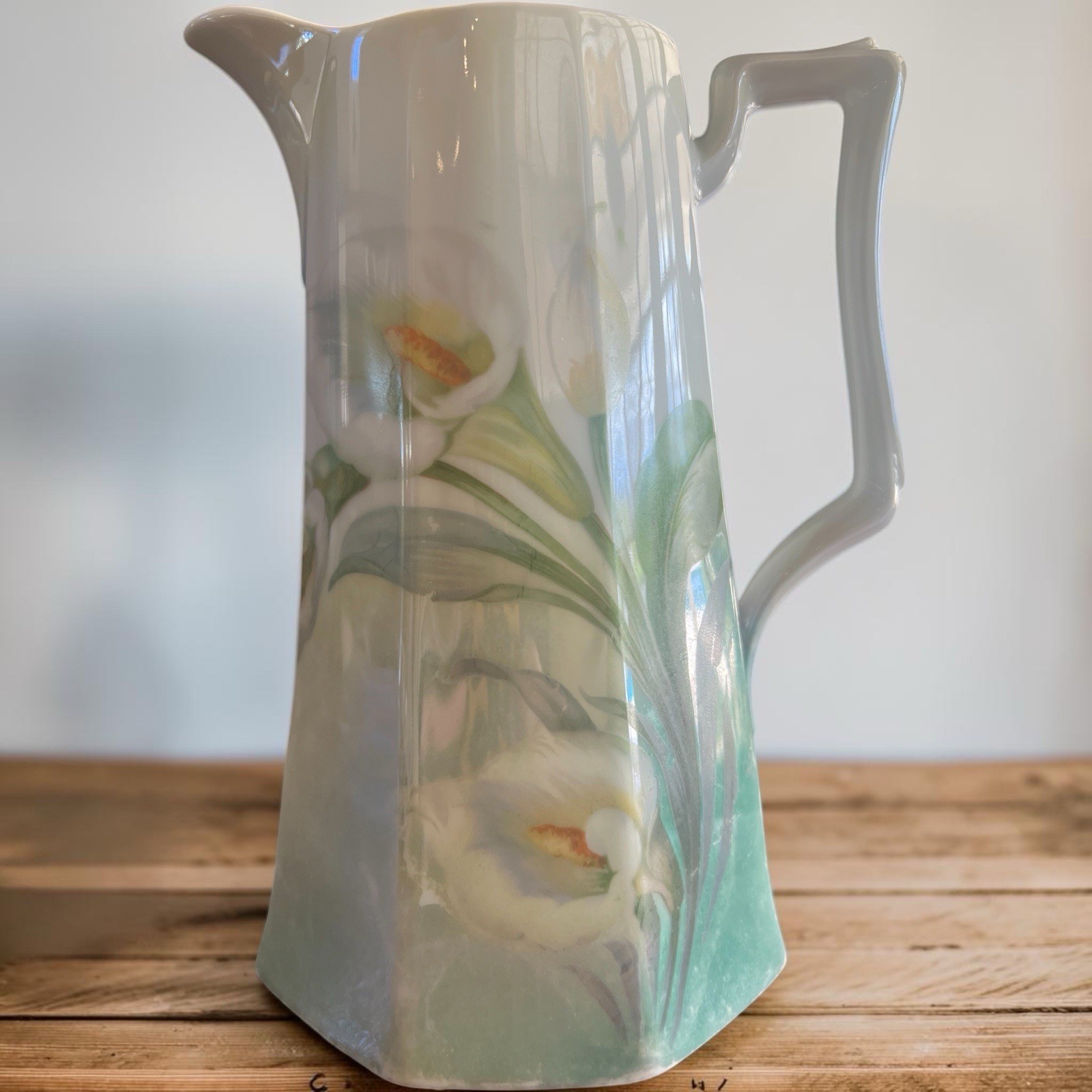 Vintage German Porcelain Calla Lily Pitcher Hand Painted Art Nouveau Vas
