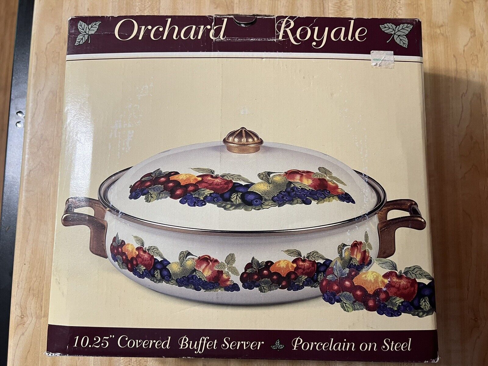 New In Box Vintage Lincoware 'Orchard Royale' Dutch Oven Enamel Pot with Lid