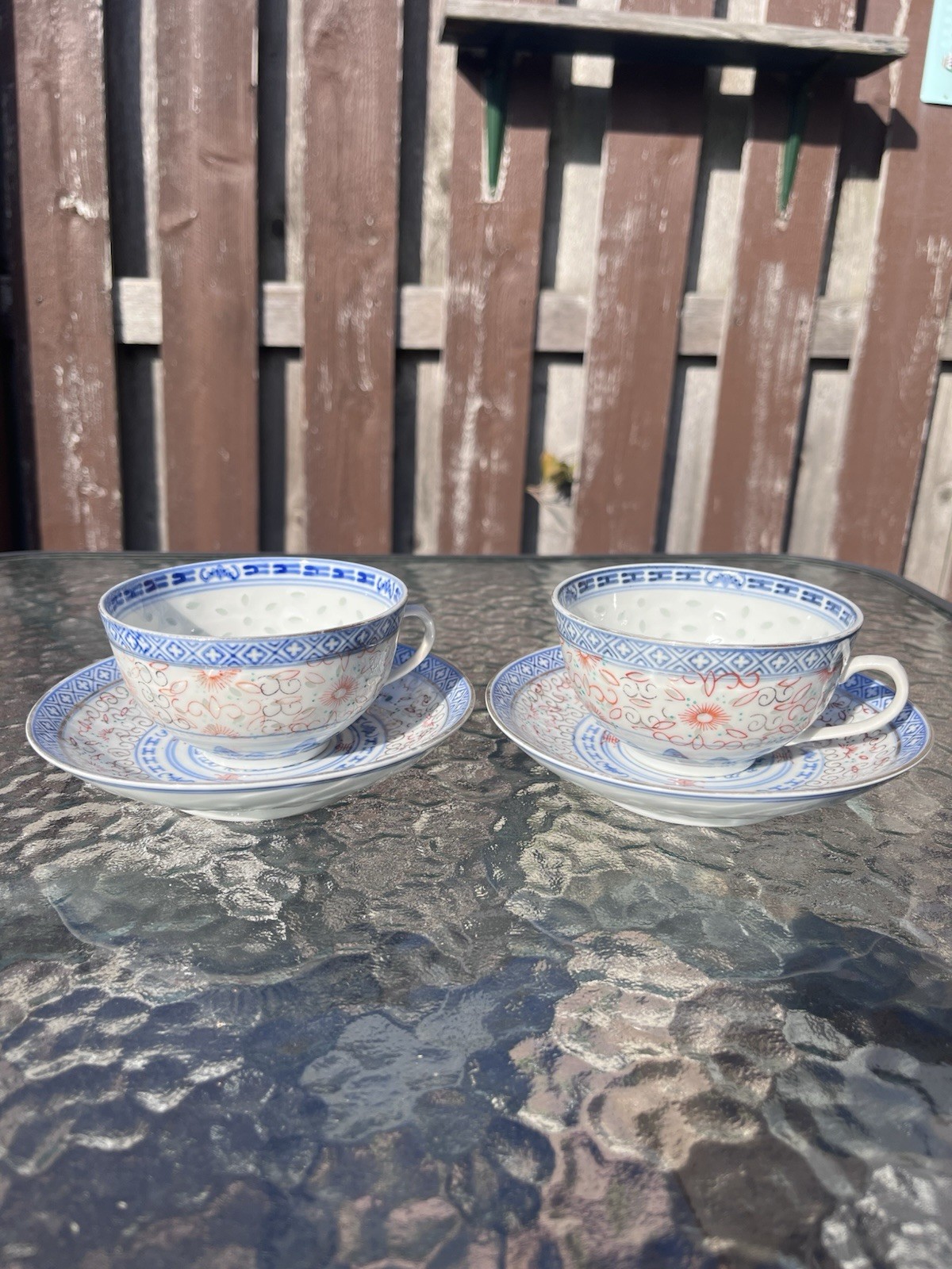 Set of 2, VTG Chinese Blue White Rice Eye Tea Cups & Saucers, Dragon, Play Jade
