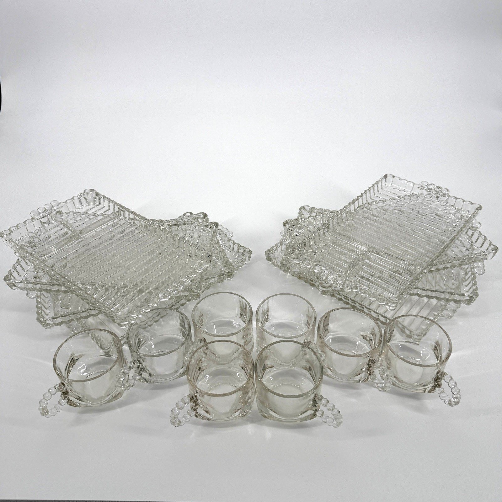 Vintage Hazel Atlas Sip, Snack & Smoke Set of 8 Ribbed Beaded 16pc MCM Glass