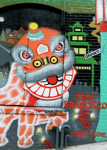 Detail of mural by unknown artist, Chinatown, San Francisco, California